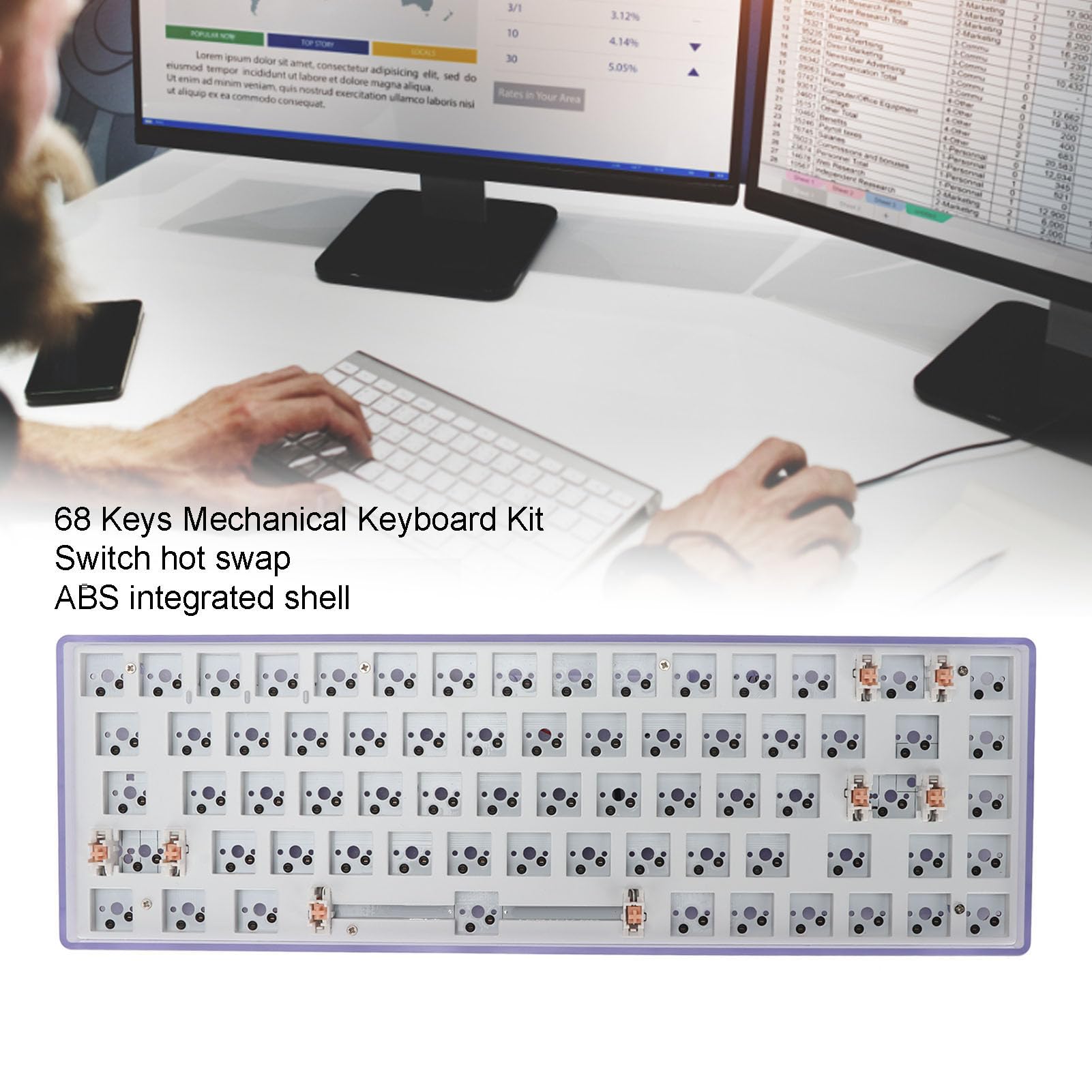 Teclado mecánico modular 65% RGB de 68 teclas, intercambio en caliente, conexión BT 5.0, kit de teclado inalámbrico personalizado de 2.4 GHz, y programable (morado)