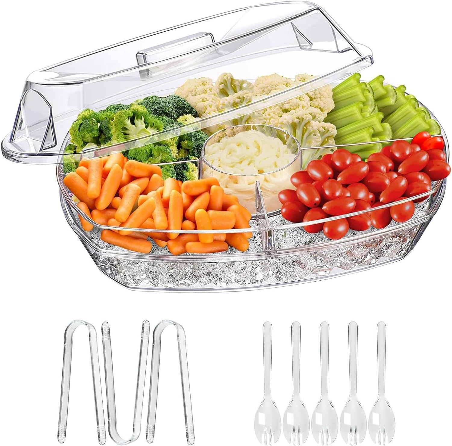 LIMOEASY Chilled Veggie Tray, 15 Inch Clear Party Platter with 4 Compartments, Ice Serving Bowl with Lid, Cold Food Buffet Server for Fruit, Vegetable, Appetizer, Shrimp