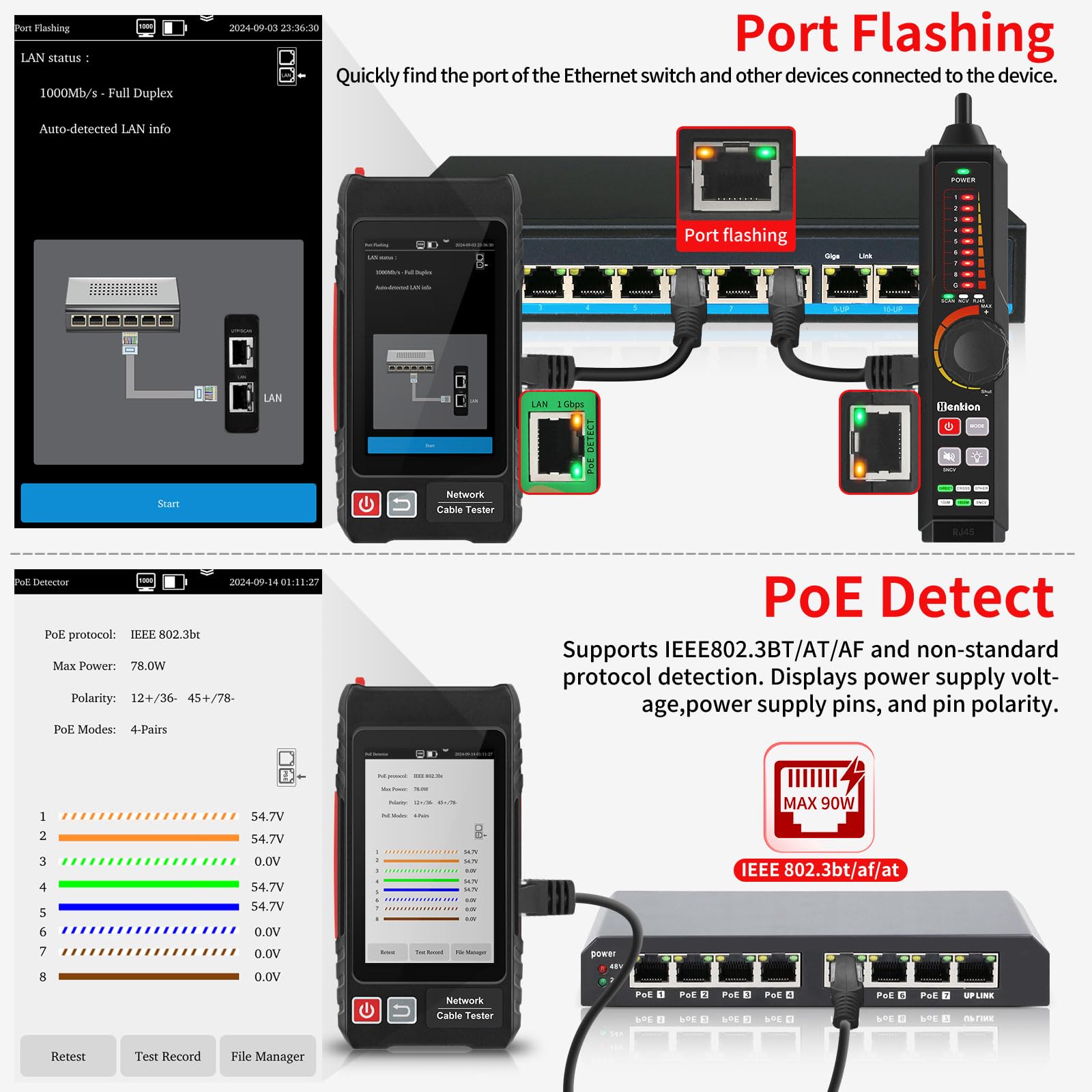Henkion Testeur Câble Réseau RJ45 Professionnel avec Écran IPS 4", Ethernet Tester Rechargeable, Outils Réseau, Détection POE++, Mesureur de Longueur de Câble, Test TDR RJ45, NCV, Alimentation PD, FTP