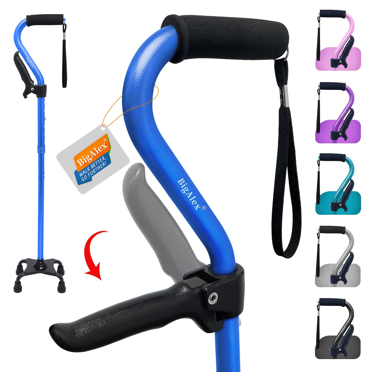 Walking Cane, Adjustable Quad Cane with 4-Pronged Base for Elderly, Collapsible Walking Stick with Lift Handle, Canes with Foam Padding Grip for Men Women and Seniors