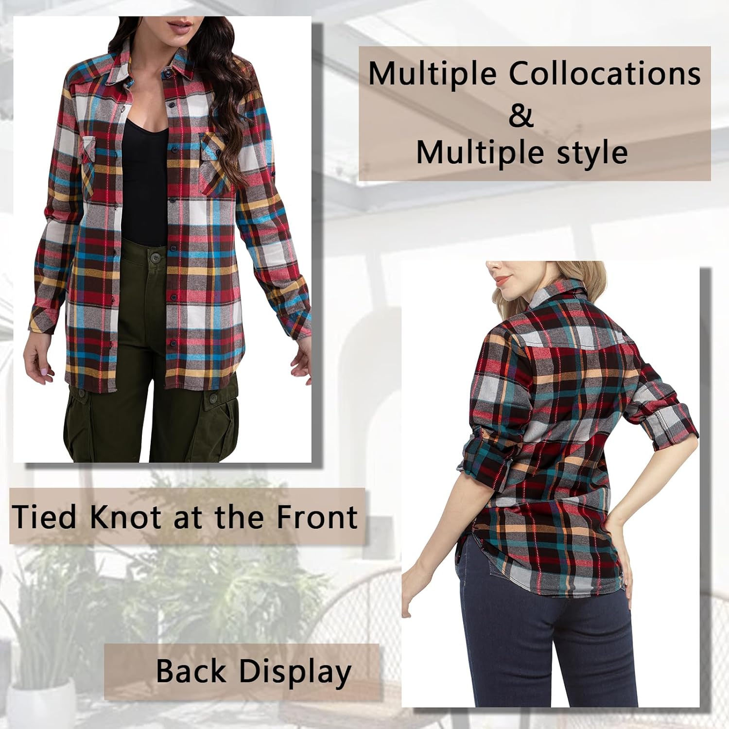 Match Womens Button Down Flannel Plaid Shirts roll up Long Sleeve Shackets Business Blouse Top - Image 4