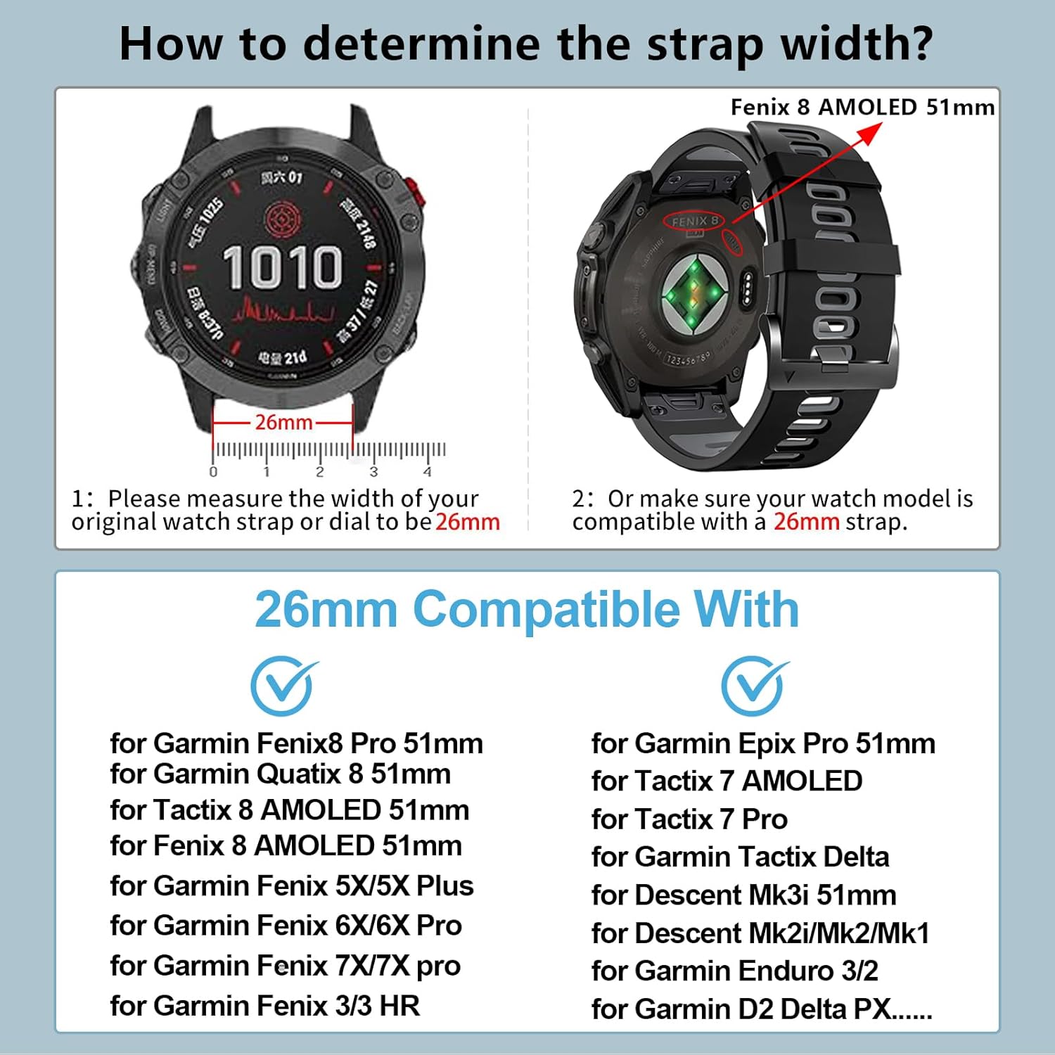 ZPJPPLX 26mm Easy Fit Watch bands For Tactix 8/Fenix 8 7X Pro 6X 5X,Soft Silicone Sport Straps Compatible for Garmin Tactix8/7/Fenix 6X Pro/5X Plus/Enduro3 2/Descent Mk2i/3i Epix Pro quatix 8 51mm - Image 2