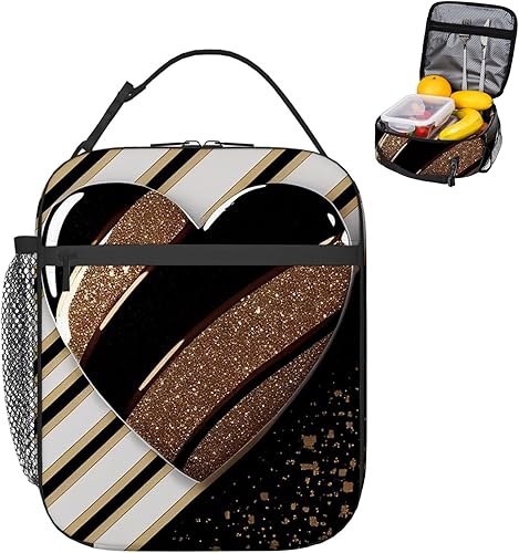 Miniatura 3 de OOZ Bolsa de almuerzo aislada para mujeres y hombres, con purpurina dorada con corazón a rayas, reutilizable, a prueba de fugas, lindas bolsas de