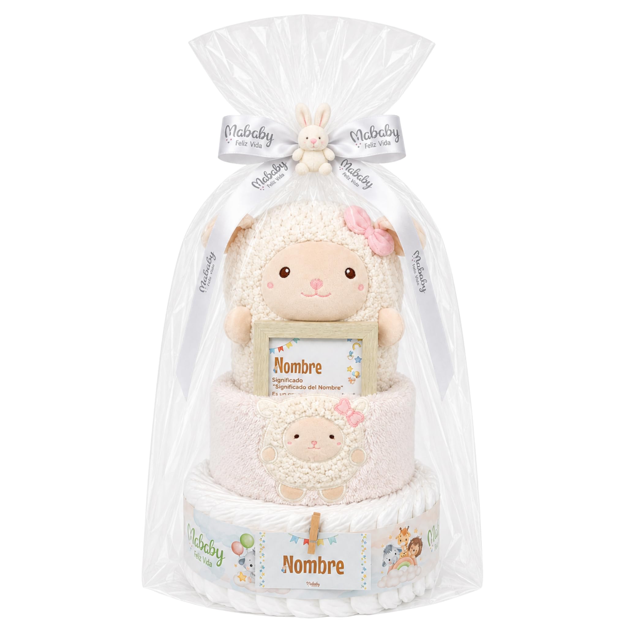Tarta de Pañales Mi Ovejita, Regalo Recién Nacido con 29 Pañales Talla 2, Manta Sherpa 80x100 cm, Peluche Ovejita y Marco Personalizado (Rosa)