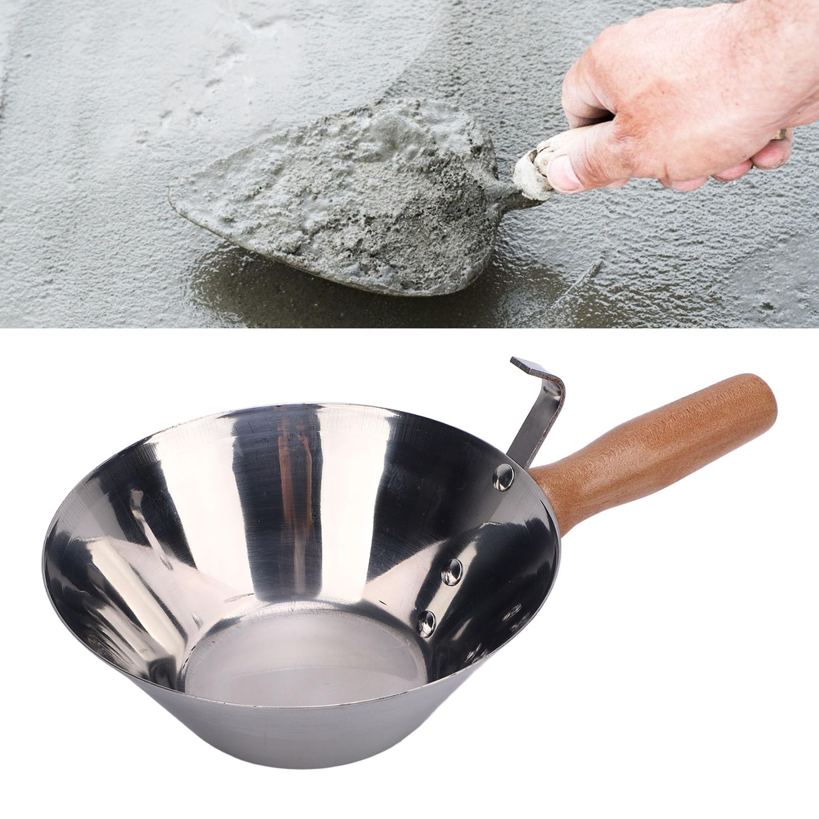 FTVOGUE Vaschetta per Fango in Acciaio Inossidabile con Manico in Legno Ciotola per Intonaco