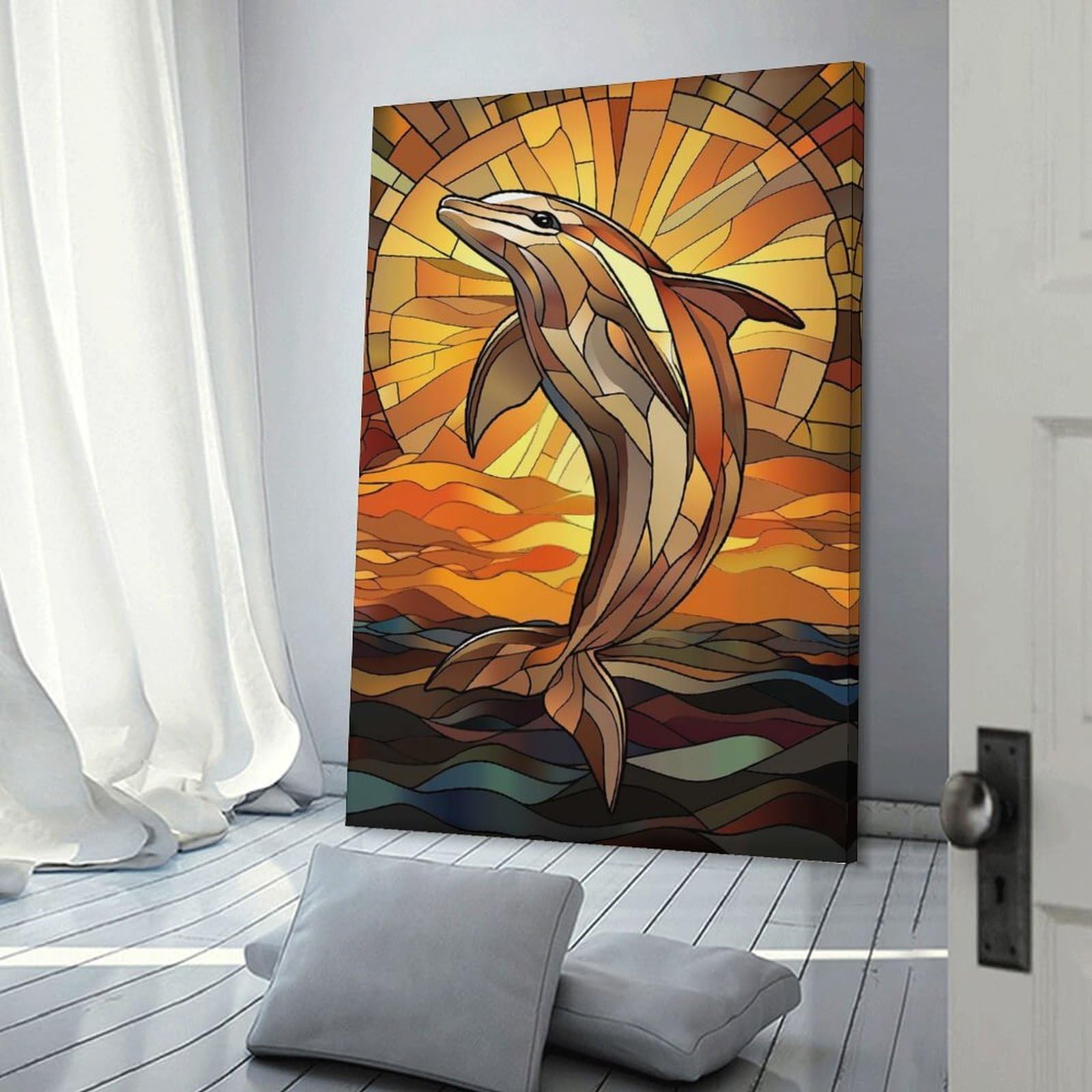 Junmoney Dolphin Sunset Stained Glass Canvas Wall Decor 20x30inch(50x75cm), for Lounge, Study, Hallway Or Flat Walls, Canvas Wall Art That Fits Changing Layouts