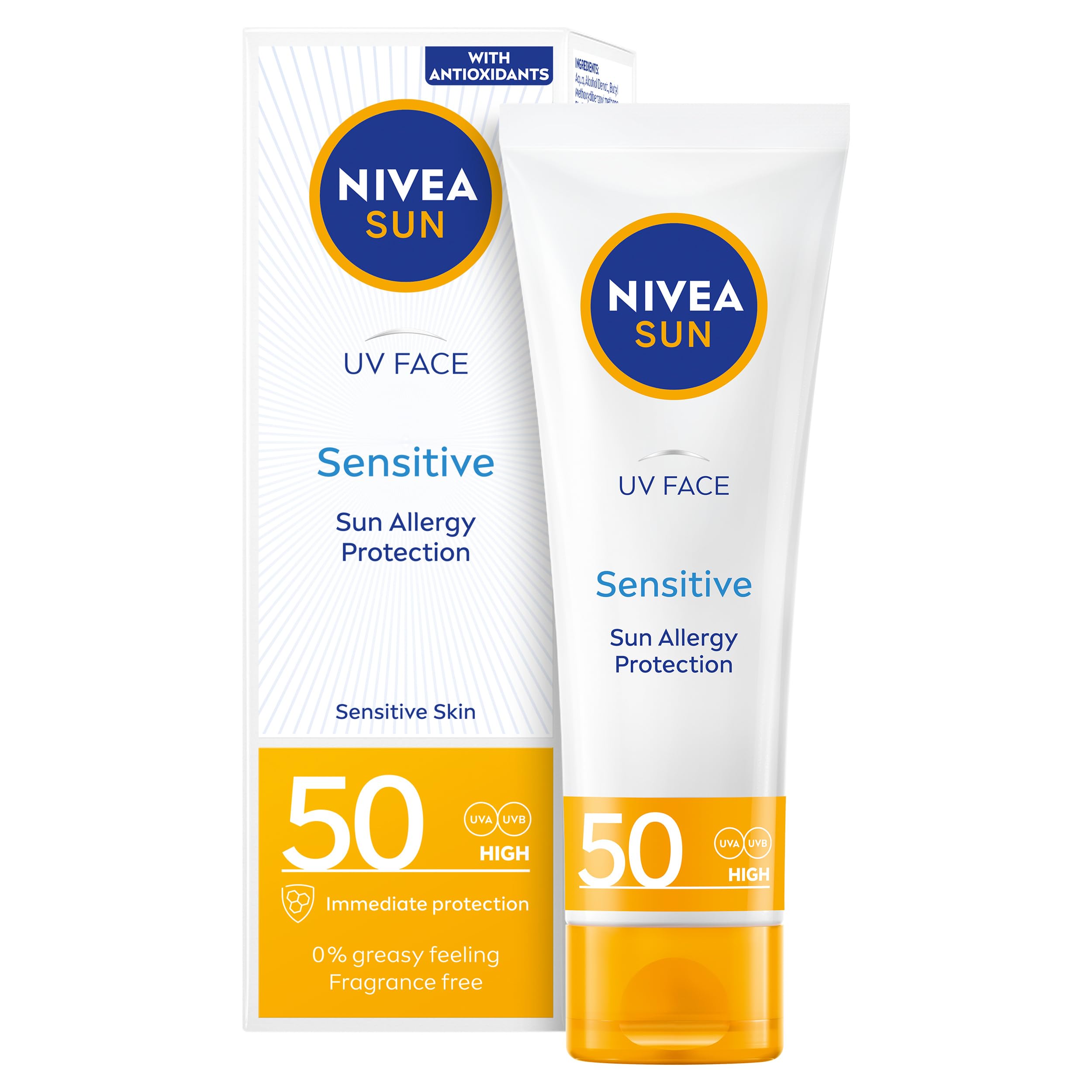 NIVEA Sun UV Face Sensitive SPF 50 Cream (50ml), Sunscreen Protects Against UVA/UVB Rays and Premature Skin Ageing, Sun Cream for Sensitive Facial Skin