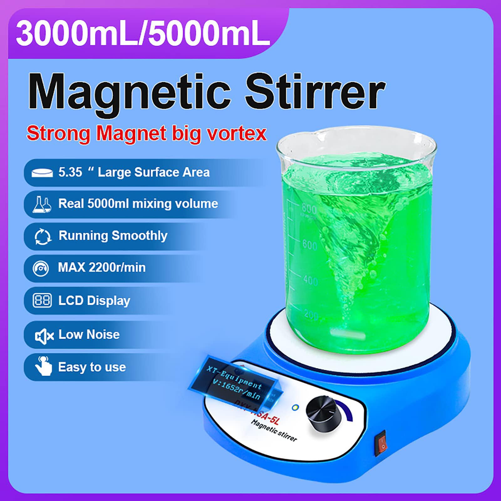 Agitador Magnético 3L/5L, Agitador Electromagnético Sin Calentamiento | Pantalla LCD, Velocidad Ajustable de 3000 RPM/2200 RPM, dIámetro de Agitación de 136 MM Para Recipientes de Vidrio(5L)