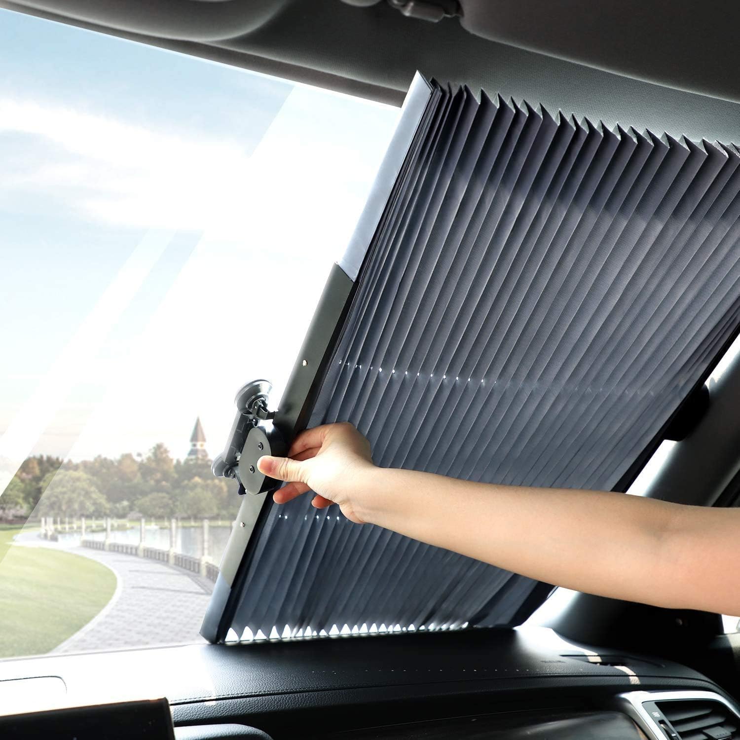 ECOVISTA Retractable Windshield Sun Shade for Car, Cordless Cellular Sun Visor Protector Blocks 99% UV Rays to Keep The Vehicle Cool, Honeycomb Sunshade Fits Various Models with 3 Suction Cups