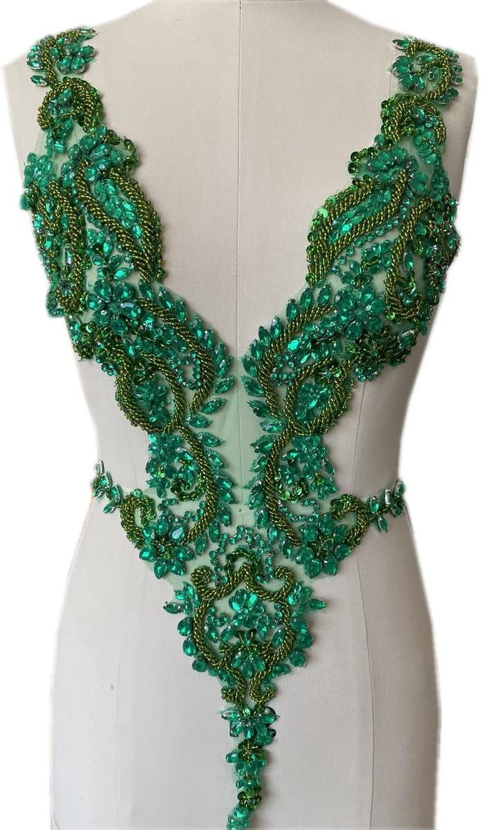 Handmade Rhinestones lace Applique Sewing Beads Crystal Trimming Patches Accessories for Dress Skirt (Green)