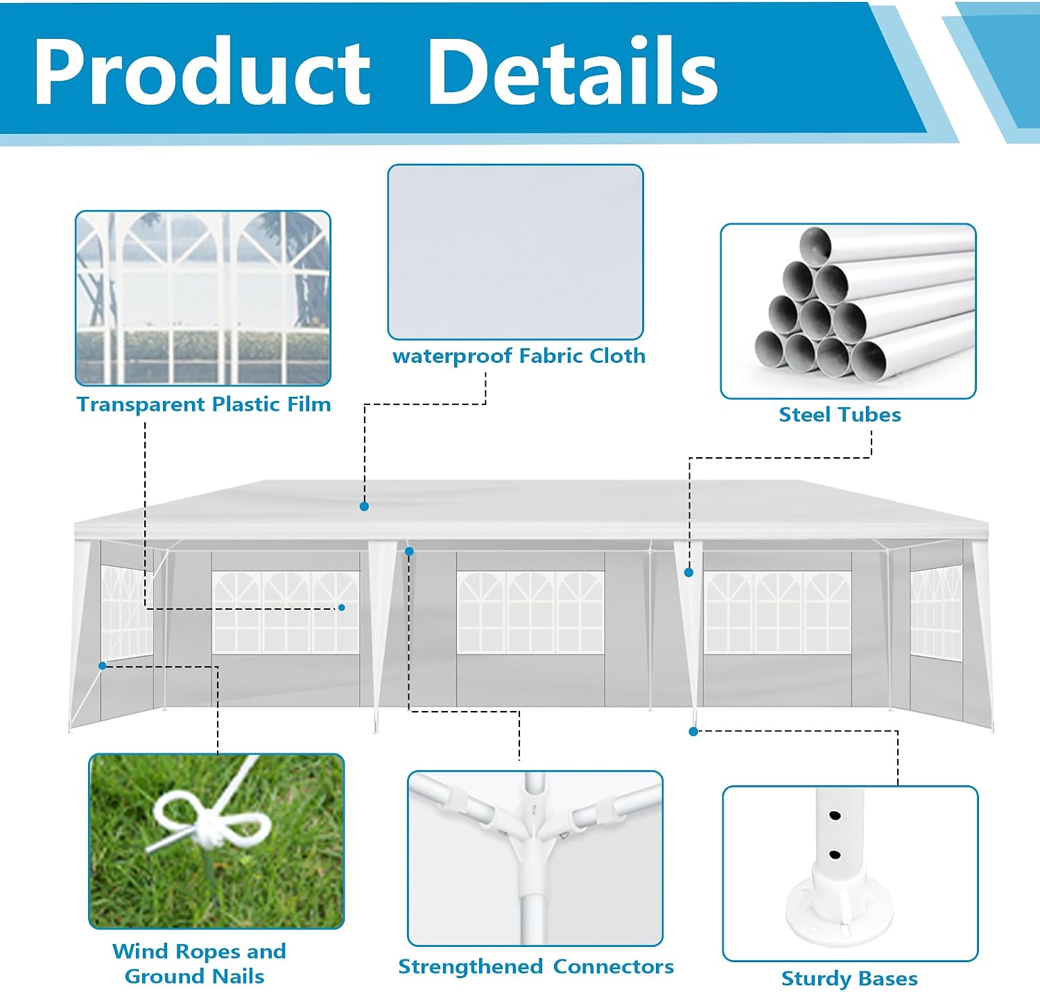 10x30 Outdoor Canopy Party Tent, Heavy Duty Metal Frame, 5 Removable Sidewalls with Window, Easy Assembly, Sunshade & Waterproof, Tent for Outdoor Events, Parties, Backyard, Camping - White