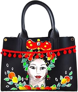 Borsa in pelle dipinta a mano – OMAGGIO ALLE CERAMICHE DI CALTAGIRONE - Borse Donna, Borse a Mano, Vera Pelle, Made in Italy, in Pelle Dipinta, Borsetta e Borse a Tracolla, Lavorazione Artigianale
