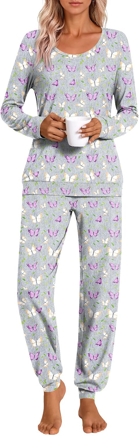 HOTGIFT Womens Pajamas Sets, 2 Piece Lounge Pjs Set Long Sleeve Long Pant Ladies Sleepwear with Pockets Soft