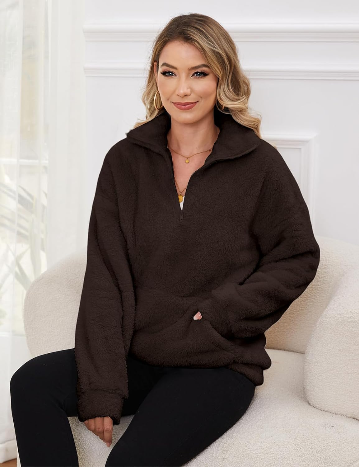 Wyeysyt Sherpa Sweatshirt for Women Fuzzy Fleece Sweatshirts Quarter Zip Up Pullover Soft Long Sleeve Top Pockets - Image 5