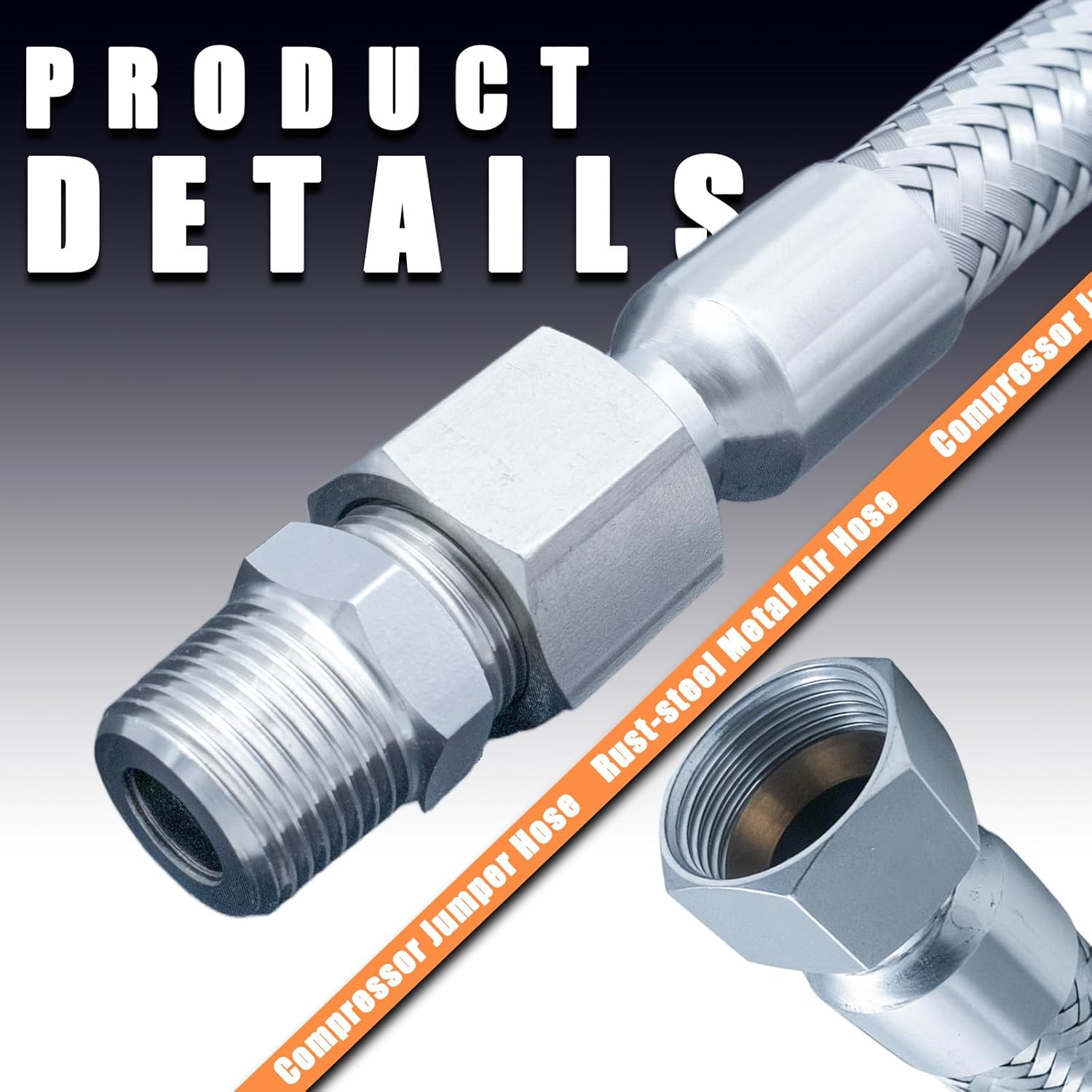 Compressor Jumper Hose, Rust-steel Metal Air Hose, 3/8-inch NPT Male Head X 40" Length, 750°F, 450 PSI, Accessories on both Sides Can Rotate Freely
