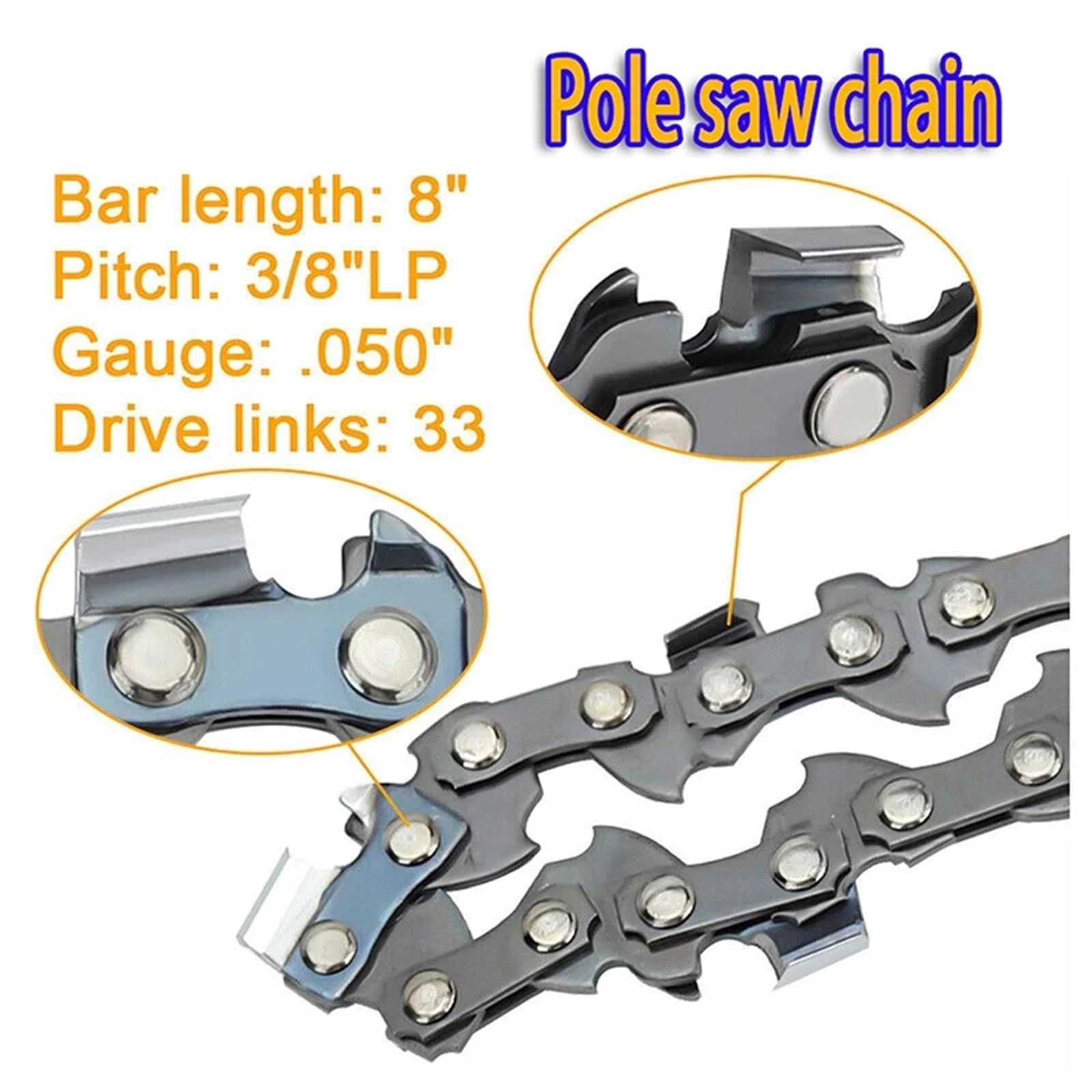 Cadena de motosierra Metal 8 pulgadas, sierra Lp 3/8, 33 eslabones transmisión, repuesto accesorio eléctrico 0.050 Reemplazo de cadena de corte de motosierra.(3pcs-8 Inch 33 Dl)