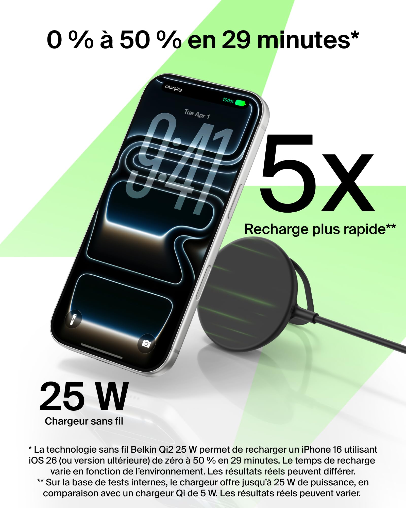 Belkin UltraCharge Chargeur Magnétique Qi2 25 W, Chargeur sans Fil Rapide, MagSafe avec Technologie De Refroidissement Passive, Support pour L'iPhone 17 (Tous Modèles), Pixelsnap, AirPods Pro - Noir