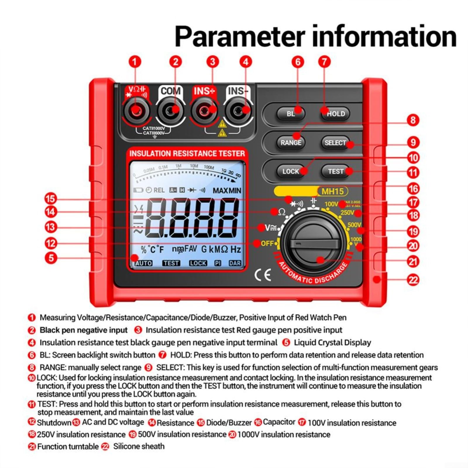 MH15 Digitaler Megohmmeter Isolation swiderstandsmesser LCD Tester 100 250 500 1000V 168 x 132 mm für Wartung Reparatur Prüfung usw