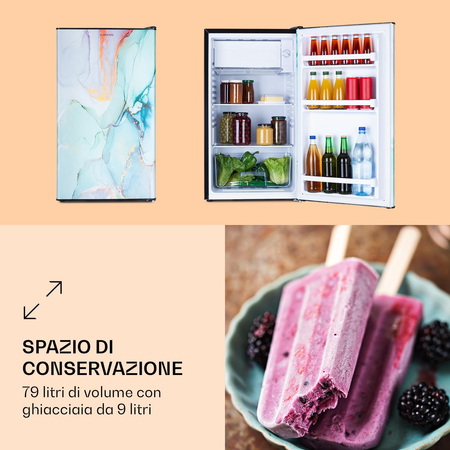Klarstein CoolArt - Combinazione di Congelatore e Frigorifero, Frigo con 2 Livelli, Design Frontale, Termostato con 5 Livelli, 0-10 °C, Volume: 79 Litri, Motivo: Pastello