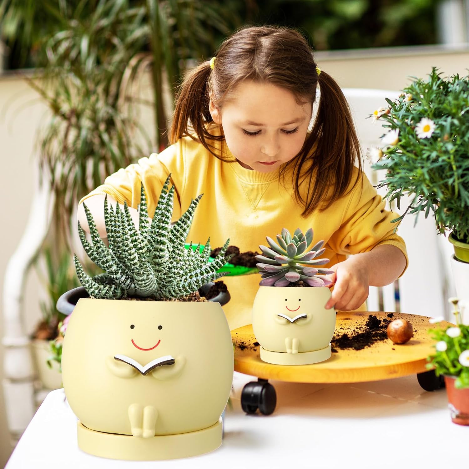 SiliFine 2 Pcs Smile Face Planters Pots with Drainage Hole, 6'' Head Planters 3.6'' Cute Resin Flower Pot for Indoor Plants, Succulent Pots for Plant Lover Gift(Book)