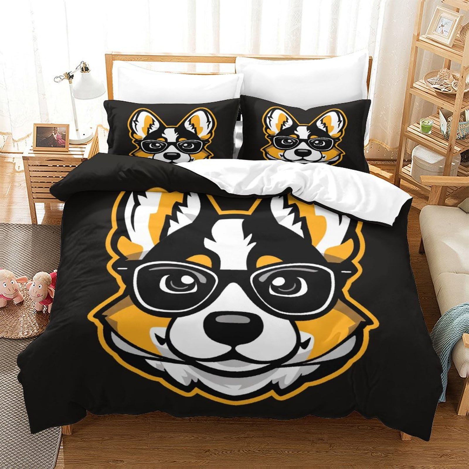 Parure de lit Super King Corgi en microfibre anti-plis avec zip 260x220 cm