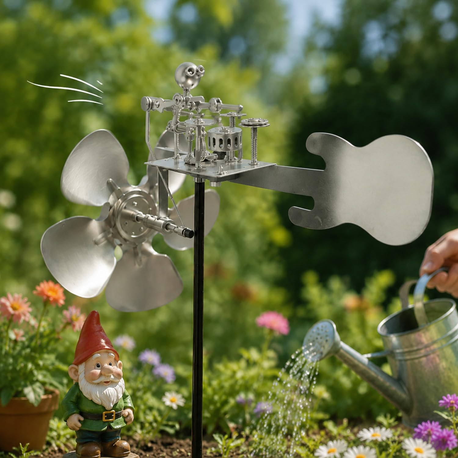 Handmade Metal Drummer Windmill, Wind Spinner Kinetic Rock Band Sculpture, Weather-Resistant Iron Wind-Powered Garden Art, Outdoor Music Figurine Statue for Yard Lawn Patio, Gift for Drummers (silver)