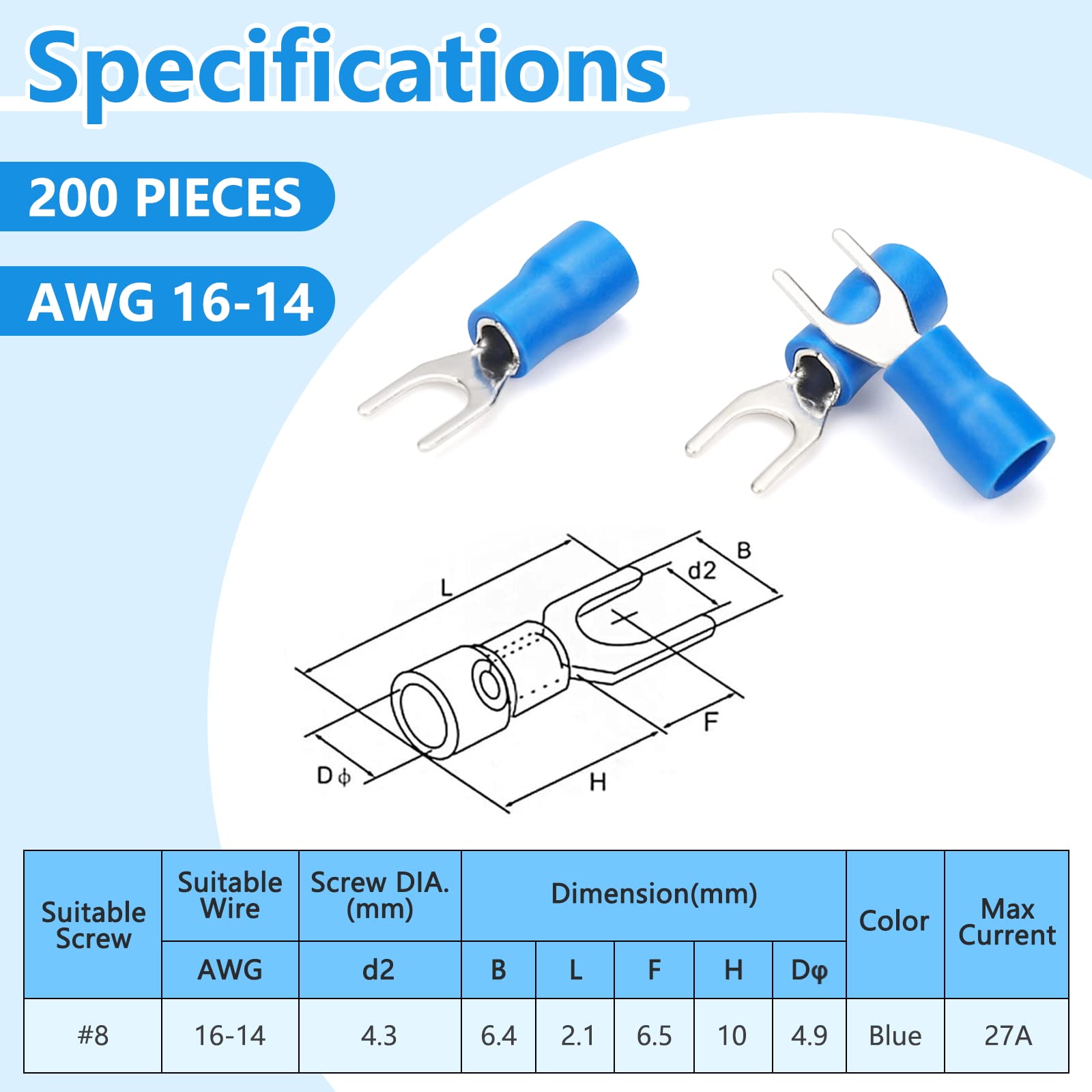 PRECIHW 200 Pcs Insulated Fork Spade U-Type Wire Connectors, 16-14