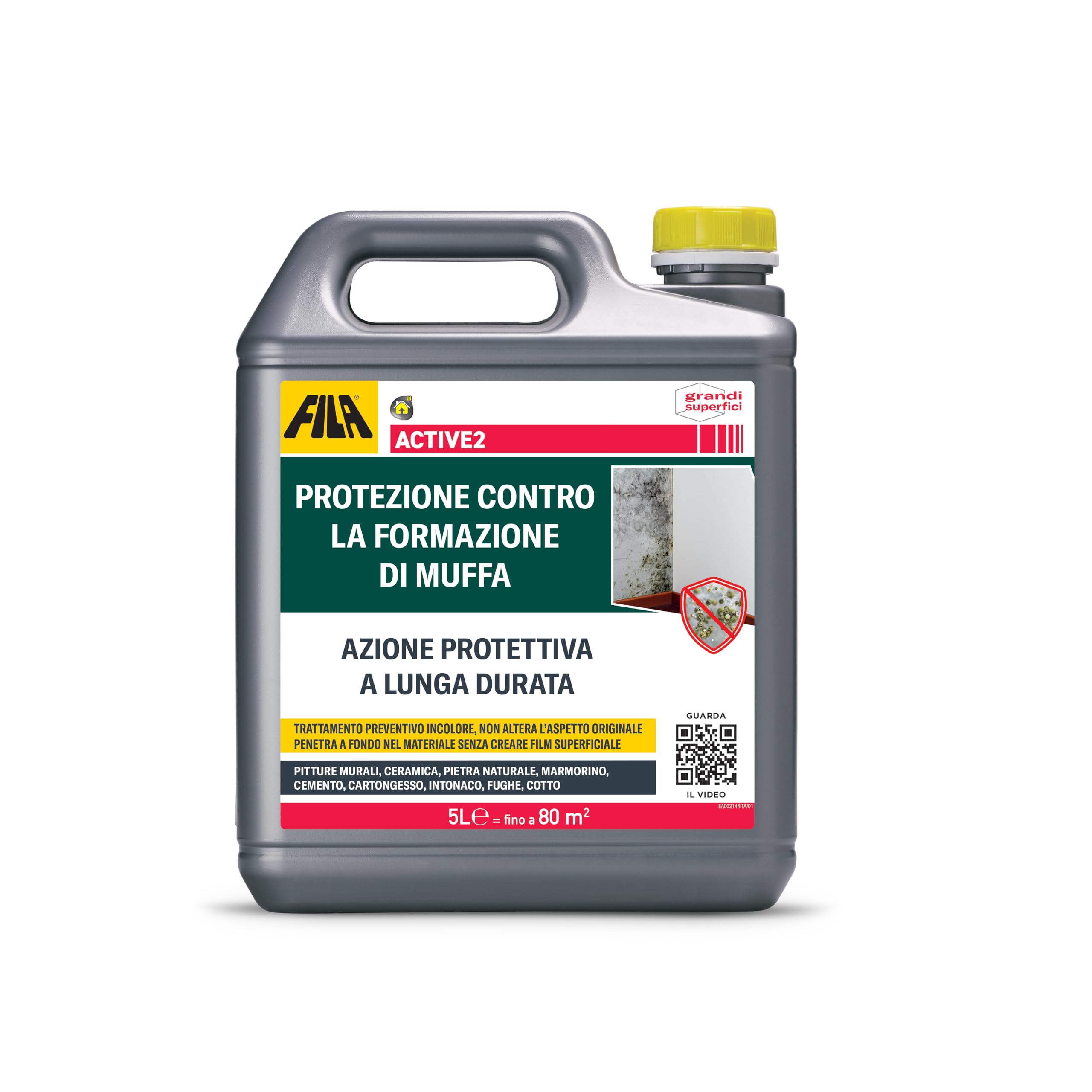 FILA Surface Care Solutions, ACTIVE2, Protettivo Anti Muffa contro la Ricomparsa, Antimuffa per Muri Interni al posto della Vernice Antimuffa, Trattamento Liquido Trasparente Protettivo, 5L