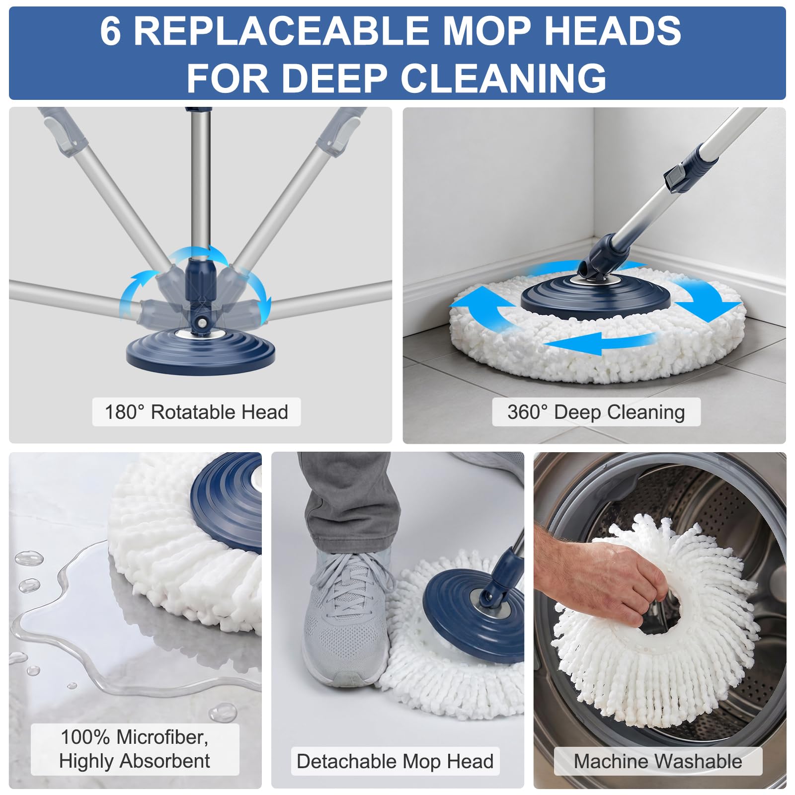 Balai Serpillère Seau Essoreur, Ensemble Serpillère et Seau de Nettoyage avec 4 Chambres et 4 Roues, Sépare l'eau Propre et Sale, Serpillere Rotative à 360° Spin Mop Système avec 6 Têtes