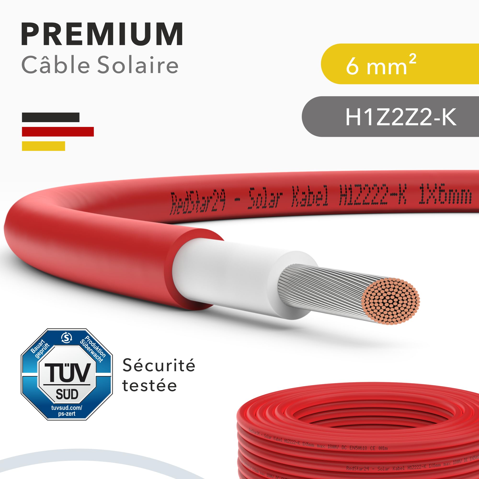 Câble Solaire RedStar24 6mm² Rouge 50m | Résistant UV | Photovoltaïque Pour Panneaux & Onduleurs