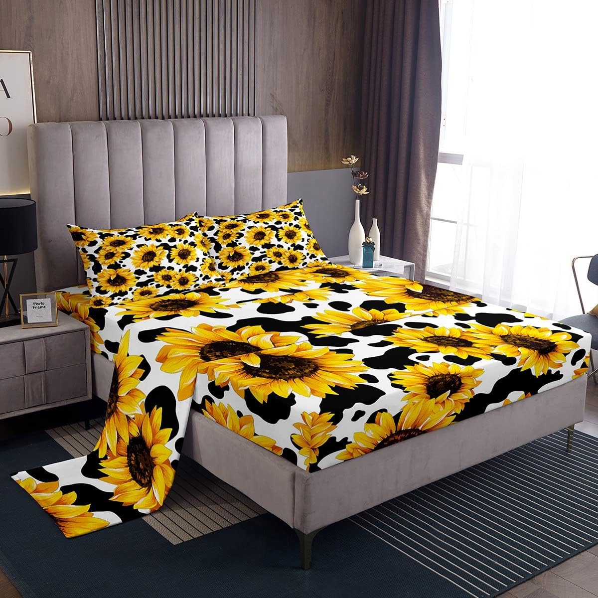 Feelyou Sunflower Bedding Set for Kids Girls Boys Children Yellow Flowers Bed Sheet Set Leopard Print Fitted Sheet Black White Milk Cow Room Decor Floral Print Bed Cover Bedding Sheet Queen Size 4Pcs