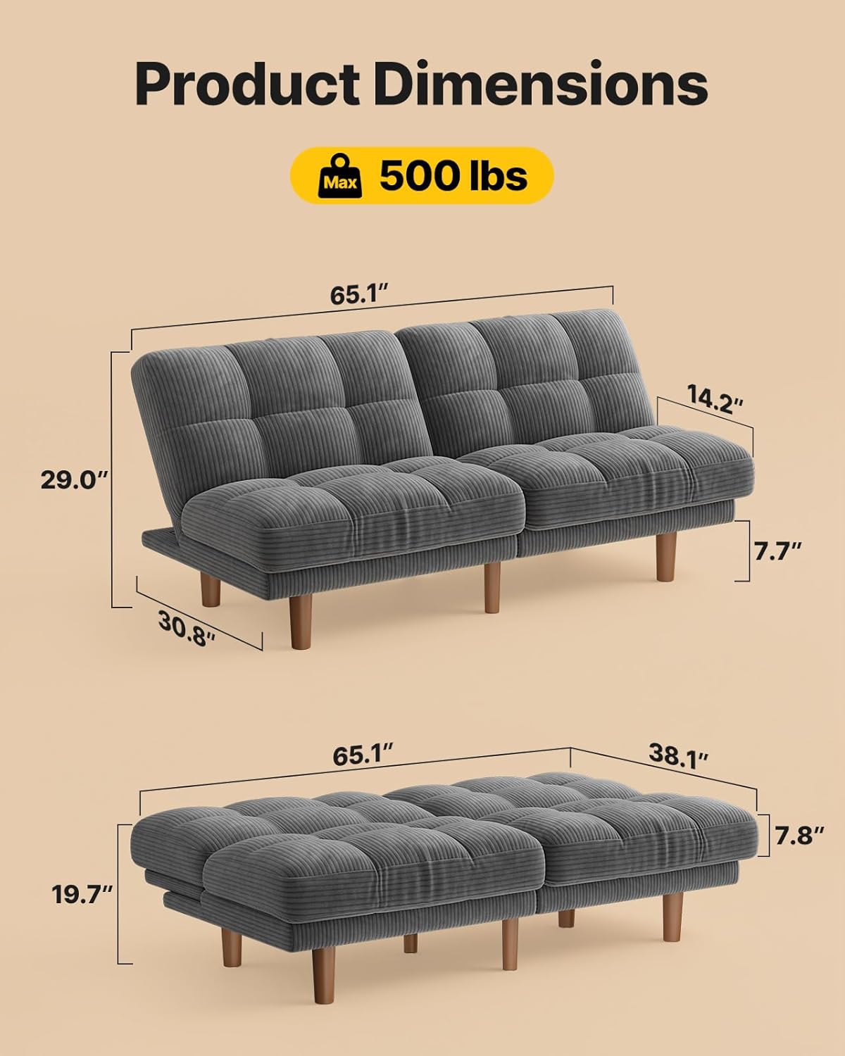 AMADA HOMEFURNISHING 65" Futon Sofa Bed, Convertible Futon Couch with Adjustable Backrest, Ergonomic Recliner Sleeper Sofa with Corduroy Fabric for Living Room, Office, Guest Room (Grey)