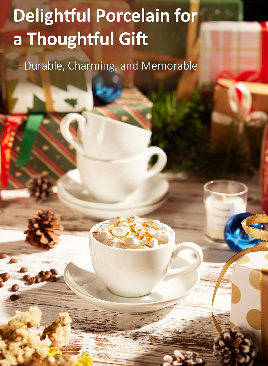 Yedio Porcelain Coffee Cups Set with Saucer, 6 Ounce White Porcelain Cup and Saucer Set for Cappuccino, Coffee Latte, Coffee drinks and Tea, Set of 6 - Image 6