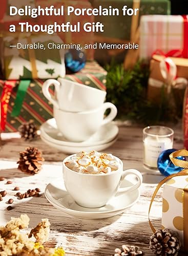 Miniatura 6 de Yedio Porcelain Coffee Cups Set with Saucer, 6 Ounce White Porcelain Cup and Saucer Set for Cappuccino, Coffee Latte, Coffee drinks and Tea, Set of 6