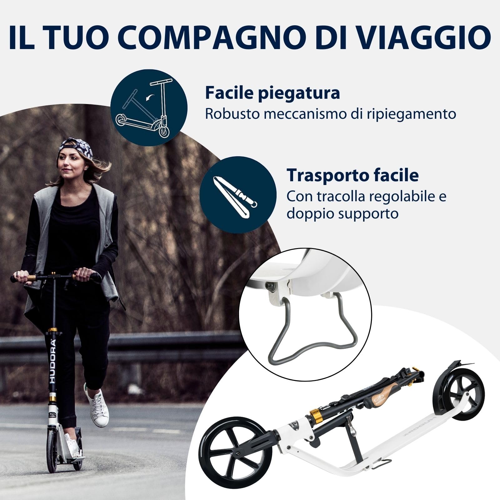 HUDORA Monopattino BigWheel Style 230 - Monopattino in alluminio resistente con pedana grande - Monopattino pieghevole regolabile in altezza per carico fino a 120kg - Per ragazzi e adulti