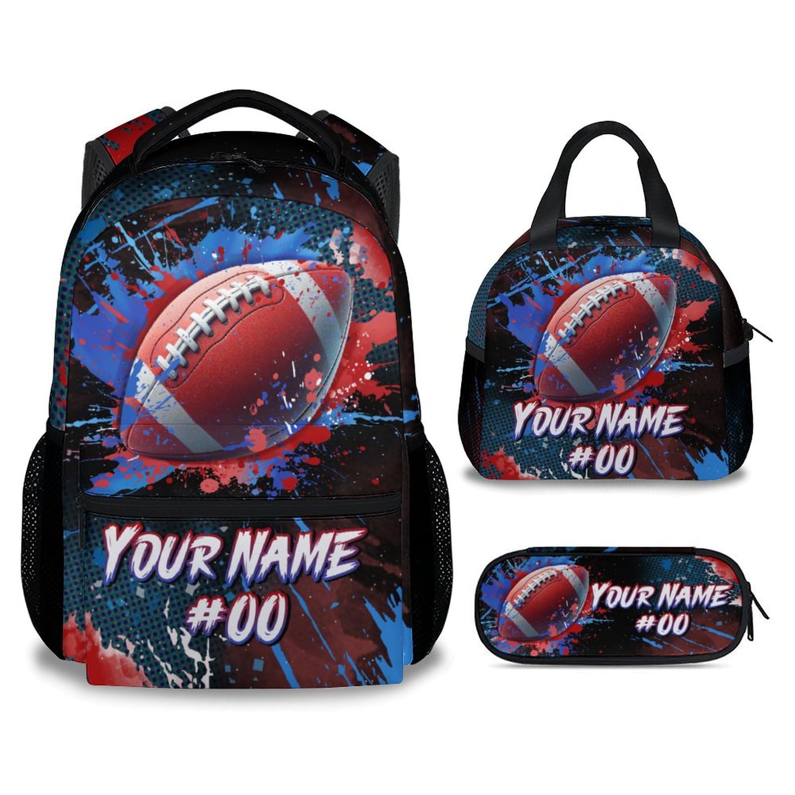 COZYAURA Boy Backpack - Personalized Football Backpacks Set for Kids -Teens Bookbag with Lunch Bag & Pencil Case - Sports Theme School Bags for