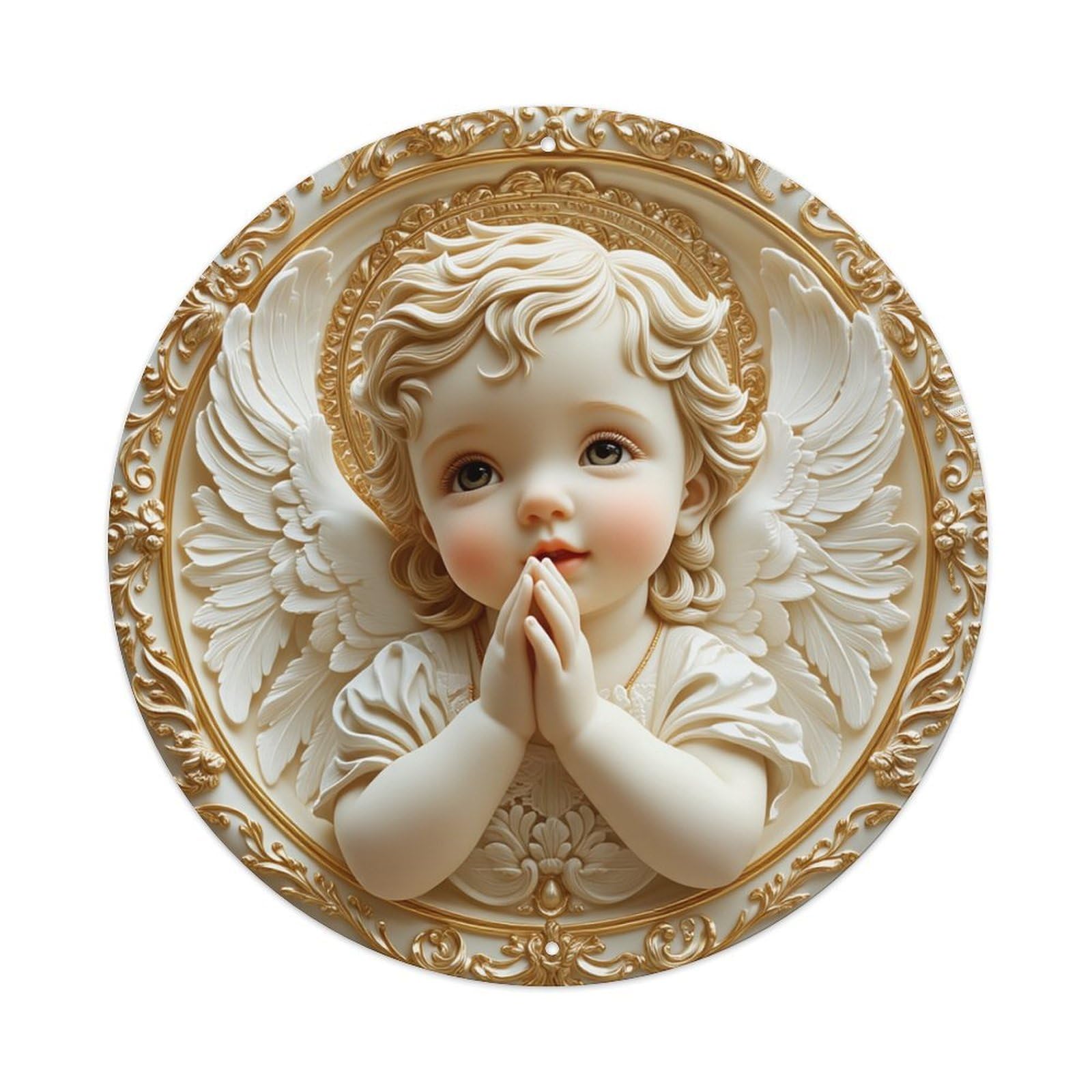 Angel With Wings Praying Hands Round Tin Sign Retro Metal Sign for Cafe Bar Pub Home Game Room Gym Club Wall Decoration Vintage Metal Poster 8x8 Inch