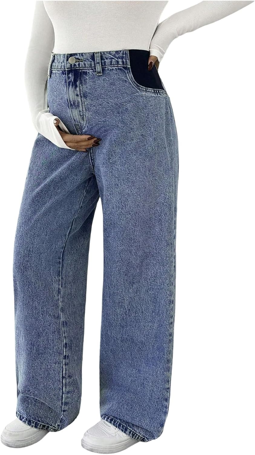 MakeMeChic Women’s Maternity Jeans Loose Wide Leg Over The Belly Straight Pregnancy Jeans Denim Pants