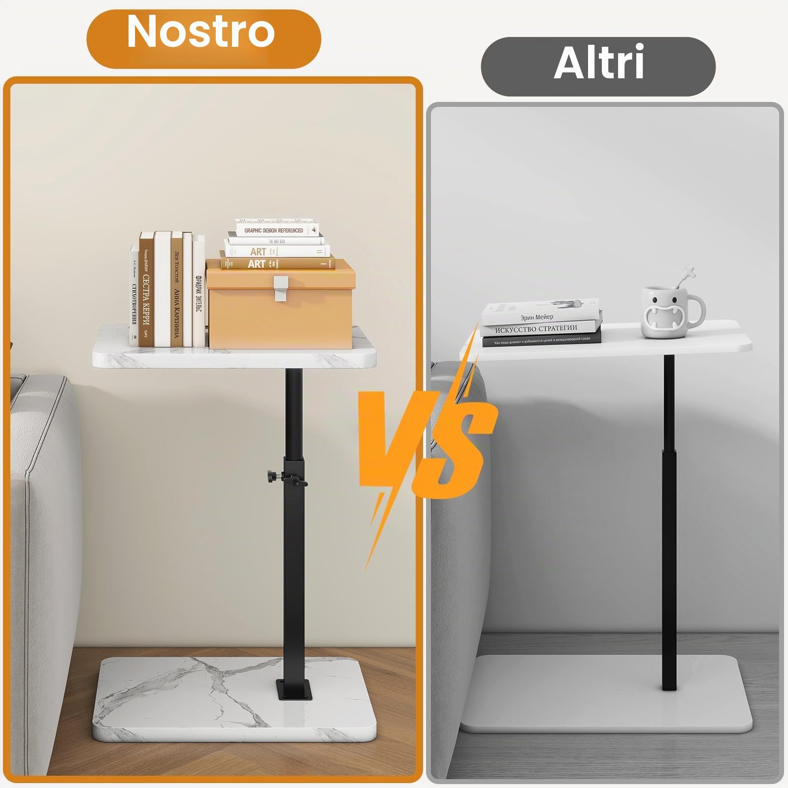 IBUYKE Tavolino a forma di C, girevole a 360°, regolabile in altezza, per stanze strette, con slot per telefono e tablet, per soggiorno, camera da letto, effetto marmo bianco TVT003BW