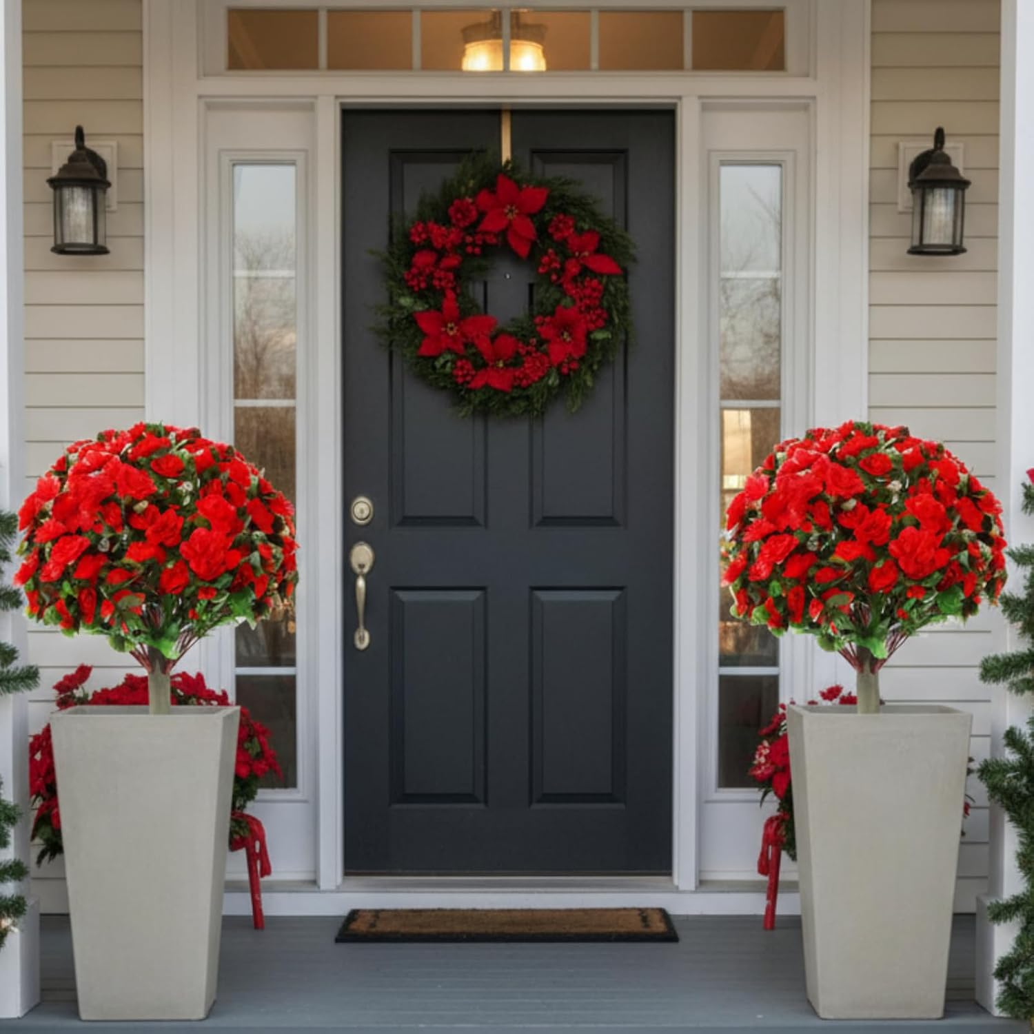 24" Set of 2 Artificial Poinsettia Flower Topiary Trees Faux Xmas Decor Poinsettia Tree with Ground Spike Geranium Fake Plants for Indoor Outdoor Christmas Decor