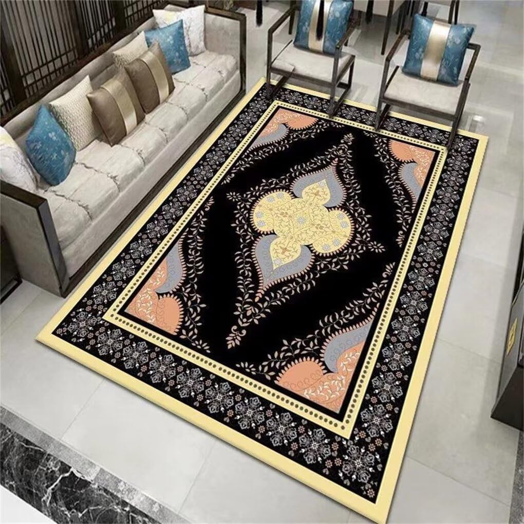 Tapis de salon noir à motif floral jaune 200x200cm pour créer un coin lecture chaleureux