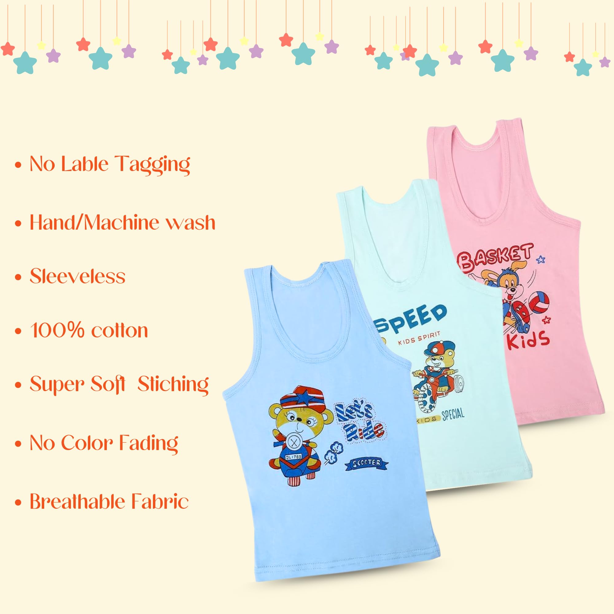 MW PRINTS Soft Printed Vest, Sleeveless Innerwear, Undershirt Sando, Baniyan, Summer Innerwear Vest - Multicolor Boy Pack of 3_6 to 9 Months 3