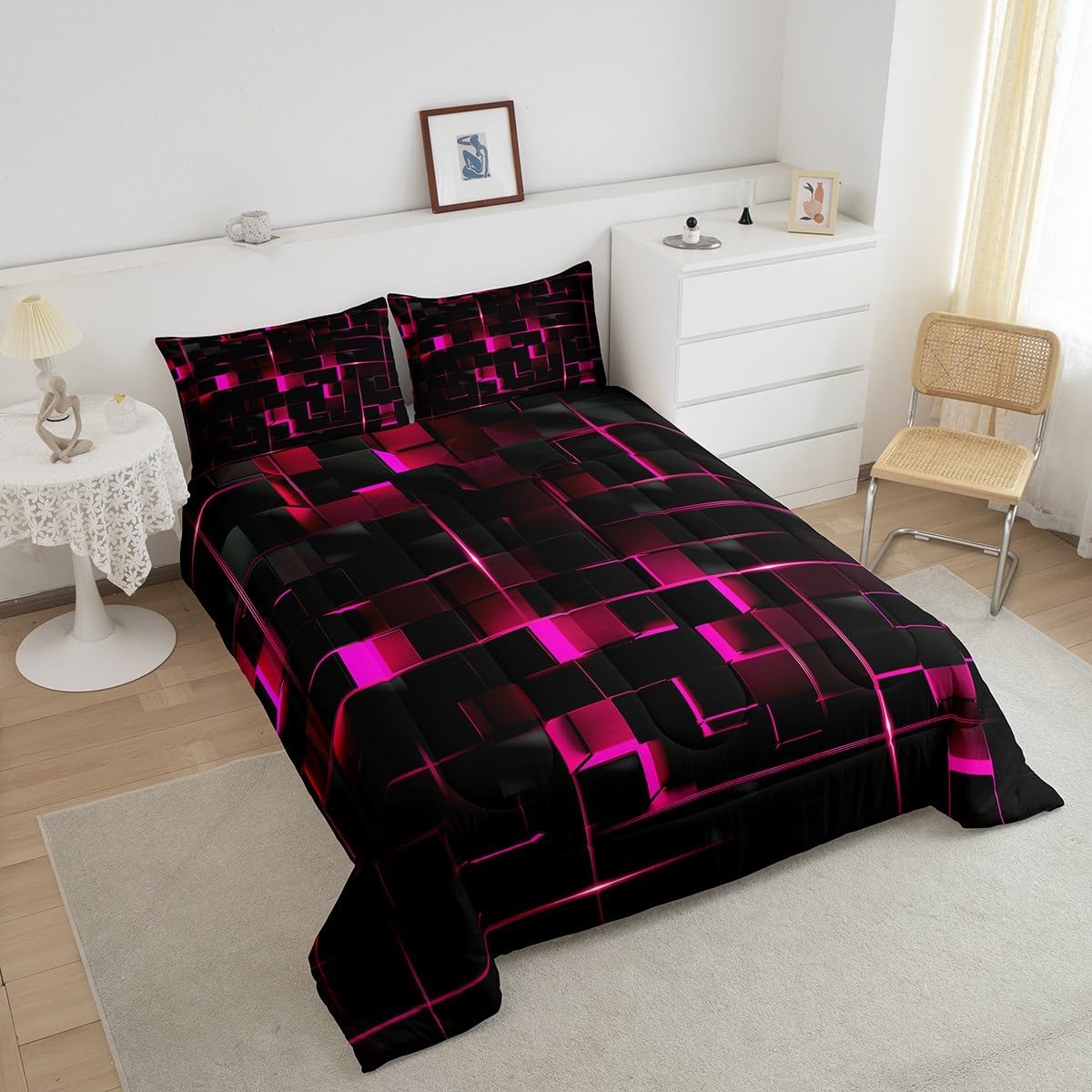 Erosebridal Stereoscopic Neon Bedding Set, Pink Black Neon Lights Glowing Kids Comforter Set Square Quilt Modern Abstract Geometric Down Comforter with 2 Pillow Cases, Queen Size image 4