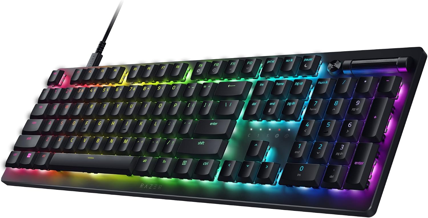 DeathStalker V2 Gaming Keyboard: Low Profile Optical Switches Clicky Purple - Durable Coated Keycaps - Aluminum Top Plate - Multi Function Roller & Media Button - Chroma RGB - Snap Tap