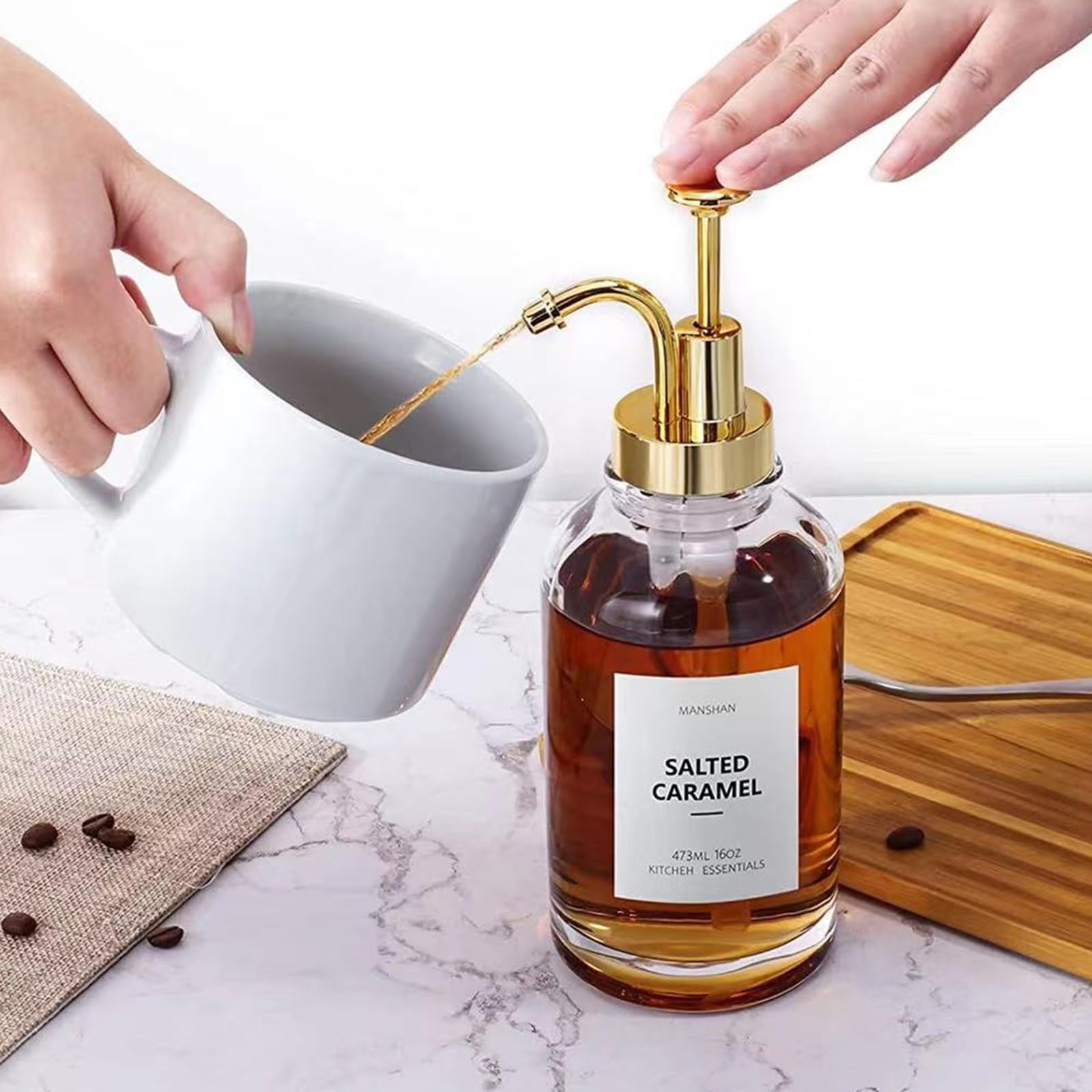 DAJAVE Lot de 2 distributeurs de sirop de café de 500 ml avec étiquettes et entonnoir, distributeur de sirop de café, bouteilles en verre pour organiser l'huile, le vinaigre, le savon, les liquides