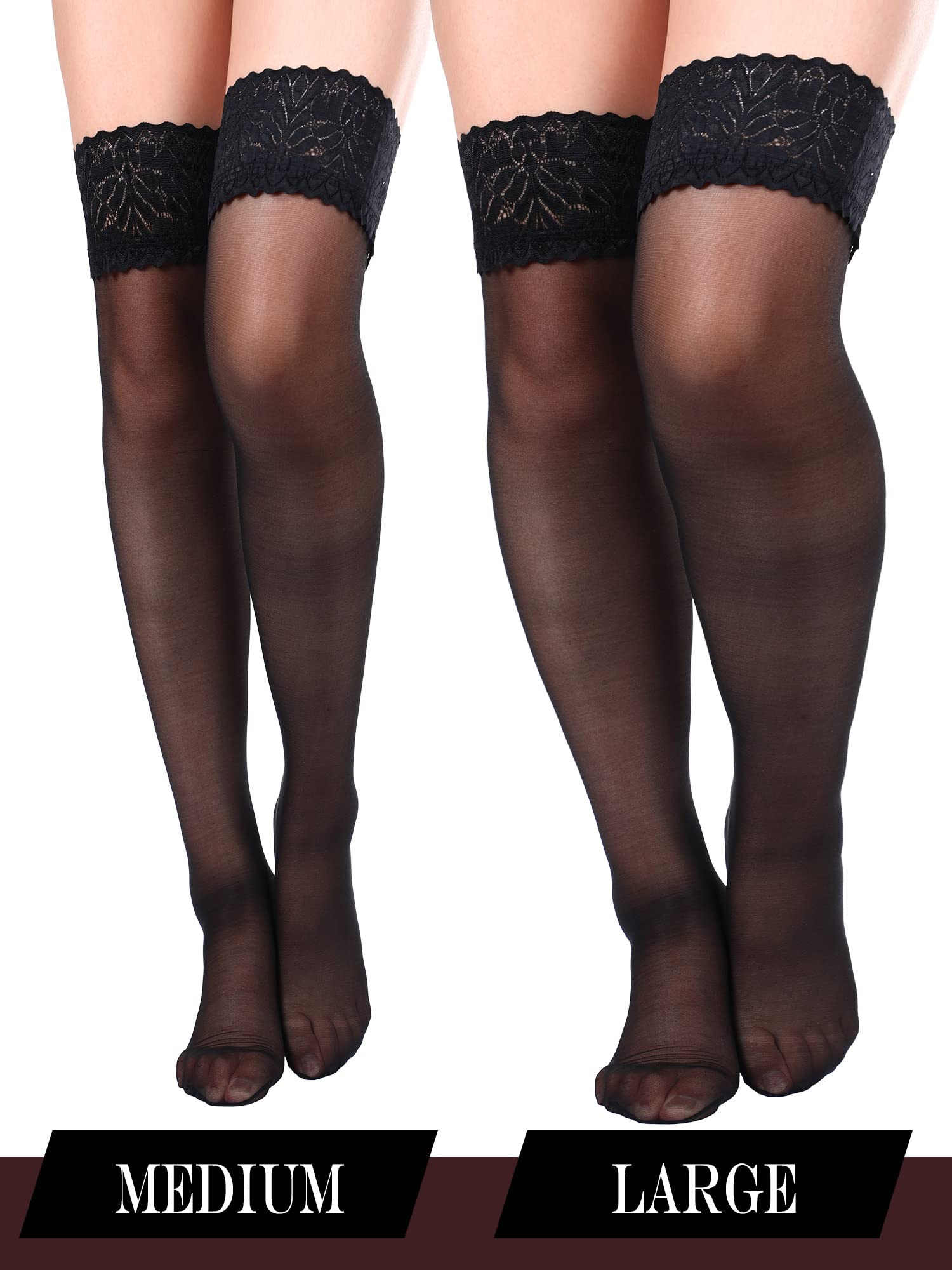 Image secondaire de 4 Paires Bas Haut de Cuisse de Femmes Bas Top en Dentelle Silicone Bas Collants Soyeux pour Femmes Filles, Jeu de Couleur 3, M