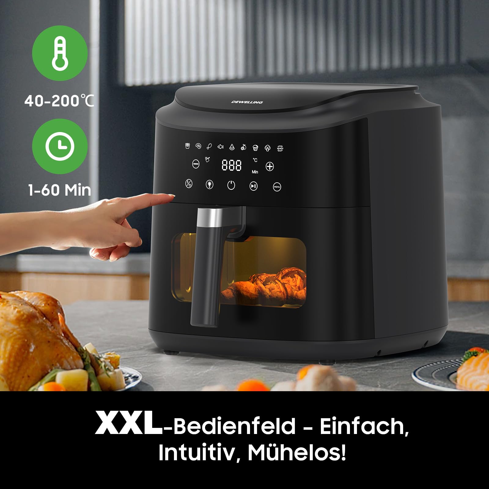 Heißluftfritteuse 9L Airfryer– 2350W Heissluftfritteuse für schnelles Garen, Fritteuse ohne Öl Mit Fenster, 9 Programme, Ohne PFAS, Shake-Erinnerung, Warmhaltefunktion, 40–200°C