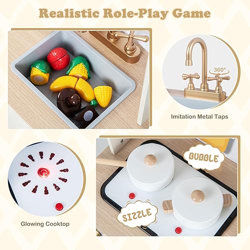 Miniatura 4 de INFANS Juego de cocina para niños, juego de cocina de madera con estufa, fregadero, microondas, armario de almacenamiento, juego de juguetes de
