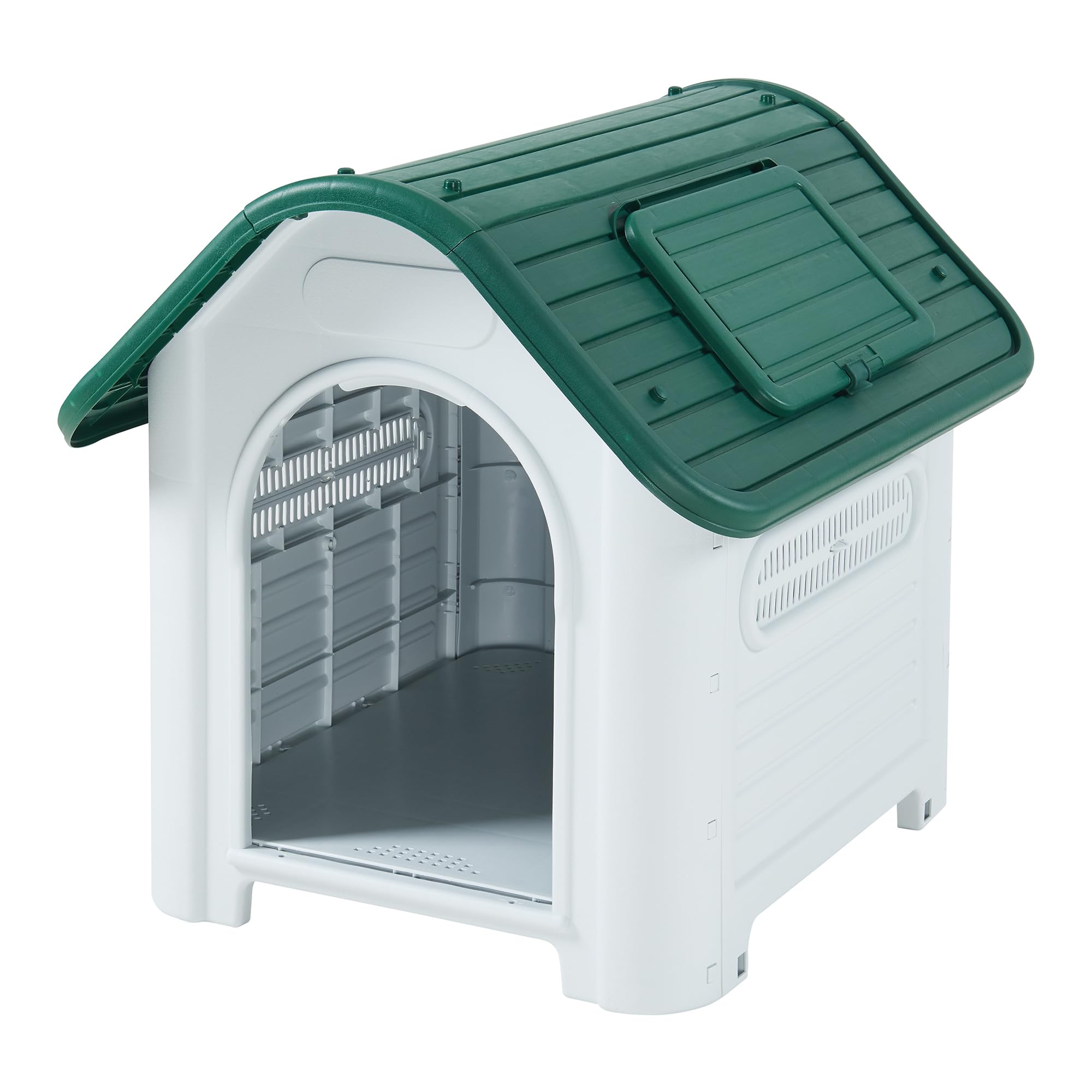 [en.casa] Hundehütte Outdoor Bello Hundehöhle wetterfest Hundehaus mit Dachluke und Lüftungsschlitzen 87 x 72 x 75 cm Kleintierhaus erhöhter Boden Kunststoff Weiß/Grün