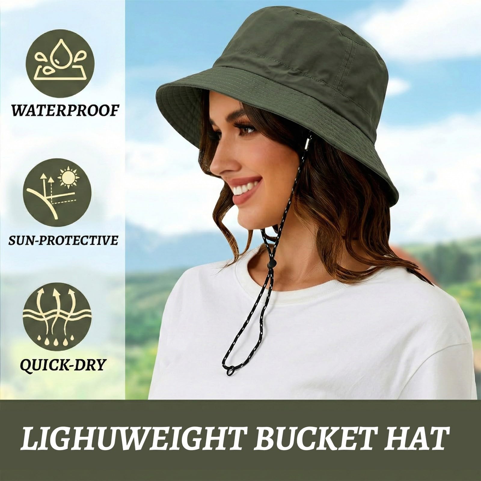 Cappello Donna Estivo,Cappello Safari,Bucket Hat,Cappelli Donna, Cappello Tesa Larga Donna,Antipioggia Protezione Solare Asciugatura Rapida Cappello da Sole Pieghevole e Traspirante(Verde militare)